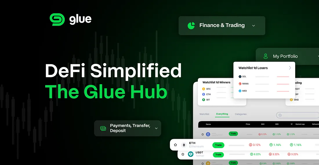 Image showing the Glue Hub’s Landing Page, where you get an overview of your assets on DeFi Planet
