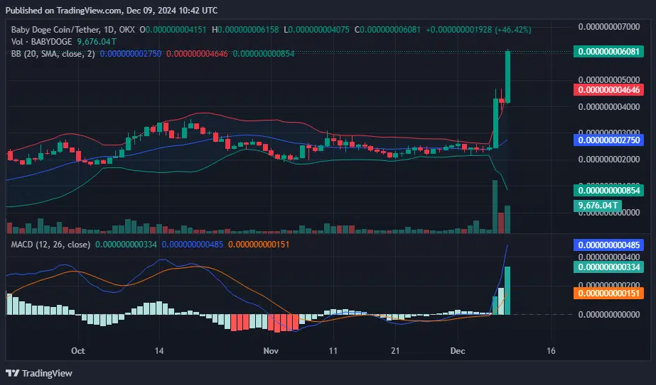 Screenshot 2024-12-09 at 144227 - Coin Push Crypto Alerts - Coin Push Crypto Alerts BABYDOGE price, Bollinger Bands and MACD chart — Dec. 9 | Source: tradingview.com