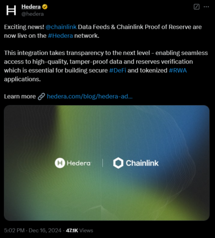 Hedera integrates Chainlink’s secure data feeds