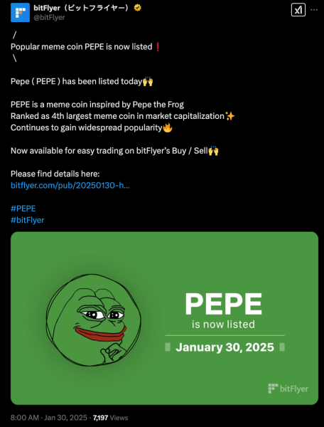 BitFlyer post on X - $PEPE Listing. 