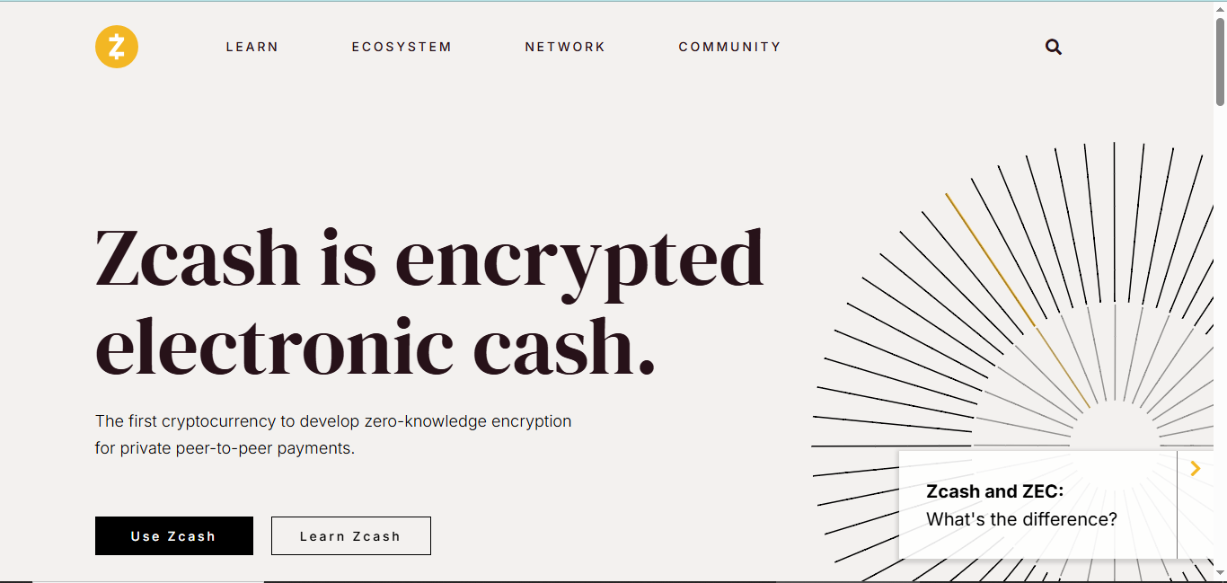 Zcash website interface.