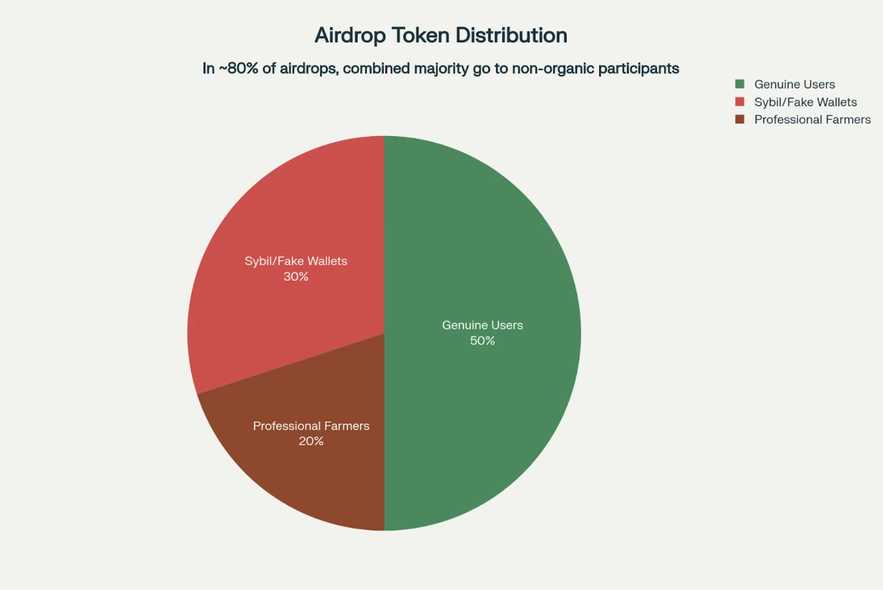 Chart shows: Genuine users (50%), Sybil/fake wallets (30%), professional farmers (20%)